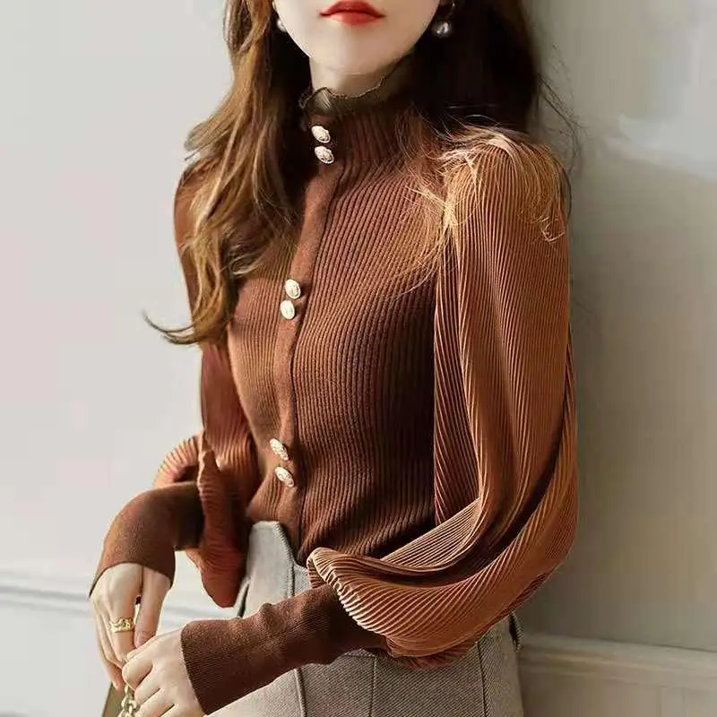 Autumn Winter New Puff Sleeve Bottoming Shirt Wooden Ear Half High Collar Knitted T-shirt Sweater Female