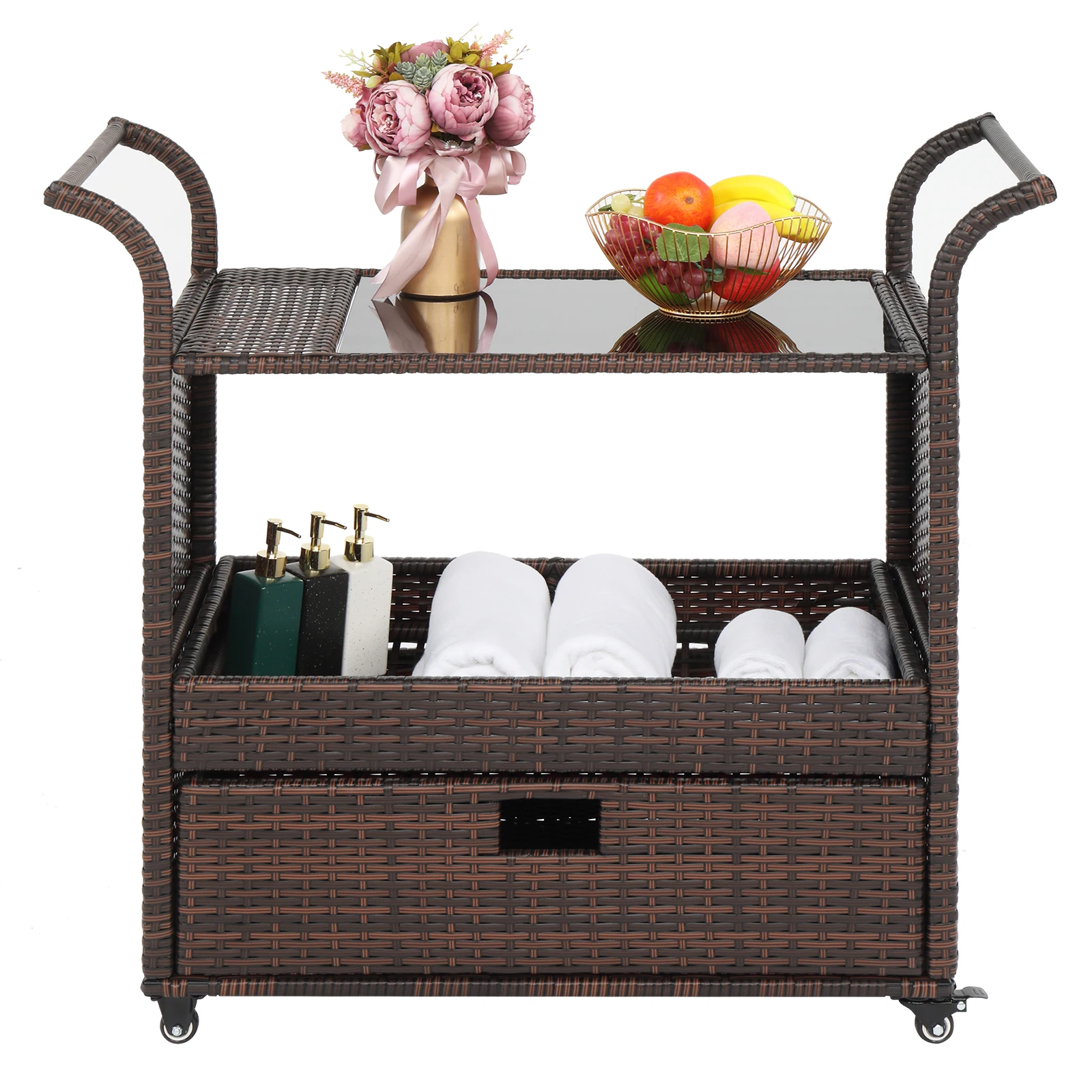 102x47x93CM Outdoor Patio Wicker Rattan Serving Bar Cart Sideboard with 1 Drawer Brown Gradient[US-Depot]