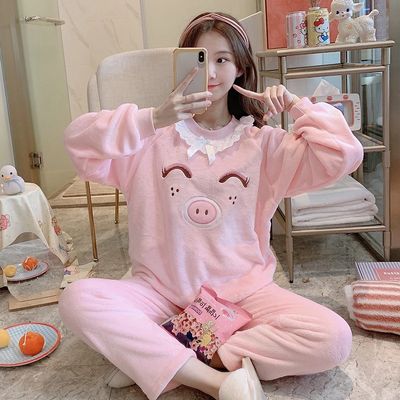 

New Style Pajamas Women Coral Fleece Autumn And Winter Ladies Students Sweet And Cute Spring Lucky Cat Flannel Home Service