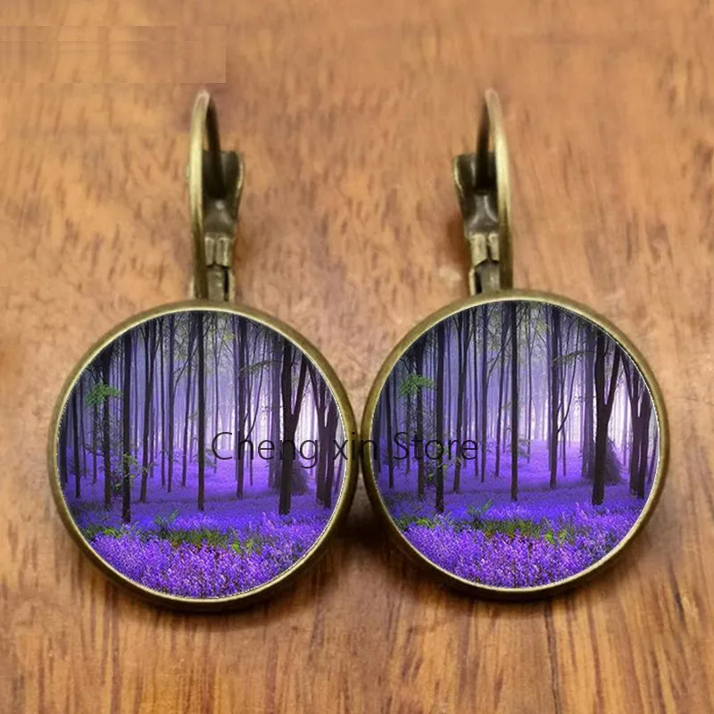 New beautiful purple lavender flowers and plants round glass convex dome earrings jewelry