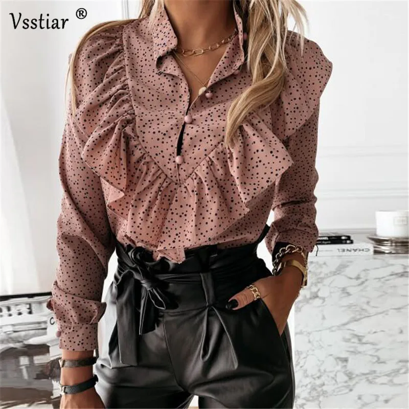 

Wedifor Ruffles Printed Blouse Women Autumn Winter Long Sleeve Casual Office Work Ladies Shirt Top Elegant Fashion Blouse Shirts