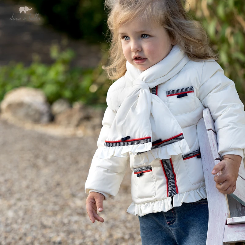 

DB19217 dave bella winter baby girls draped down coat children 90% white duck down padded kids jacket with a scarf