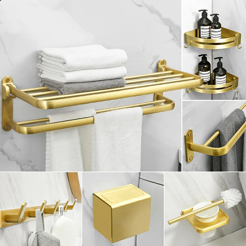 Bathroom Accessories Set Brushed gold Toilet Brush Holder,Corner Shelf Paper Holder,Towel Holder Aluminum bathroom Hardware set