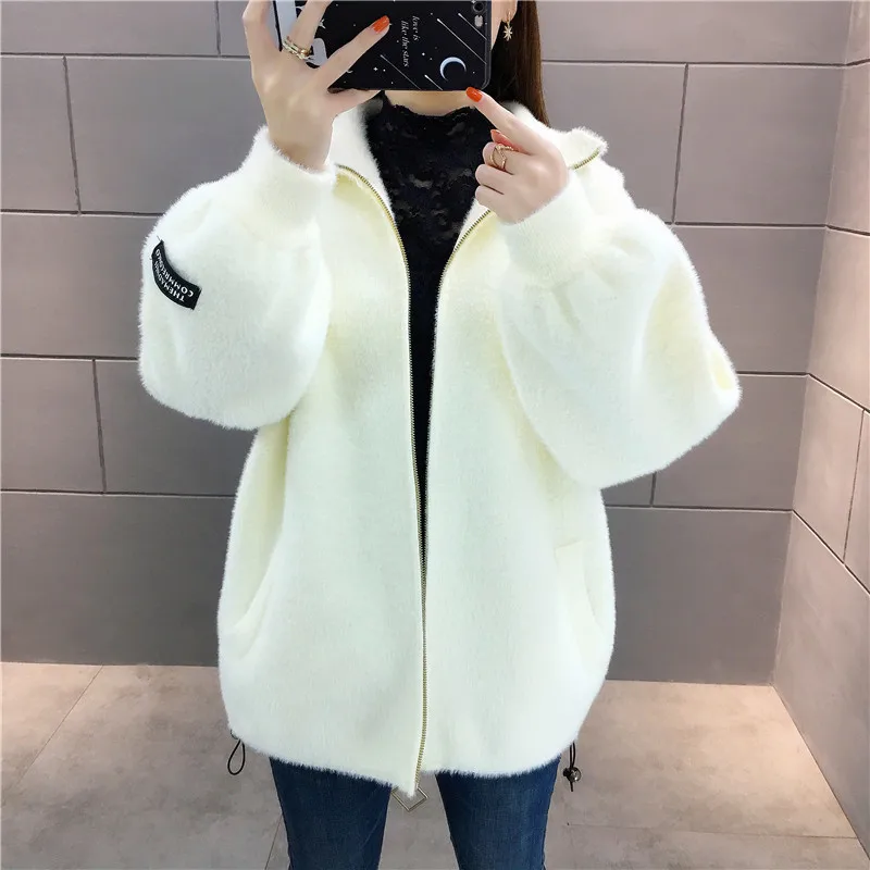 Winter Thick Faux Mink Cashmere Turtleneck Knitted Sweater Women Cardigan Loose High Collar Long Sleeve Knit Jacket Coat Female