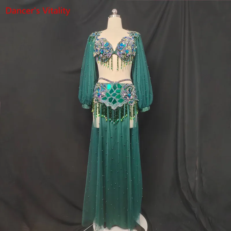 Belly Dance Suit Tassel Full Diamond Bra Split Mesh Long Skirt Performance Set High-End Custom Adult Child Competition Clothing