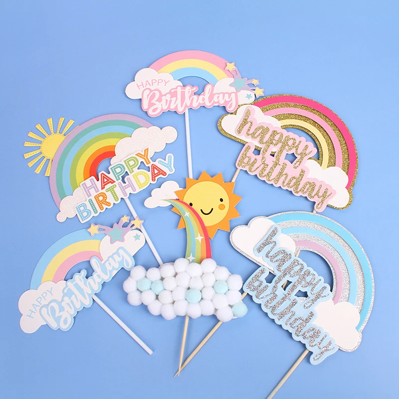 Rainbow Cake Topper Stars Sun Clouds Happy Birthday Wedding Decoration Bride Cupcake Decor Party Baby Shower Baking Supplies New