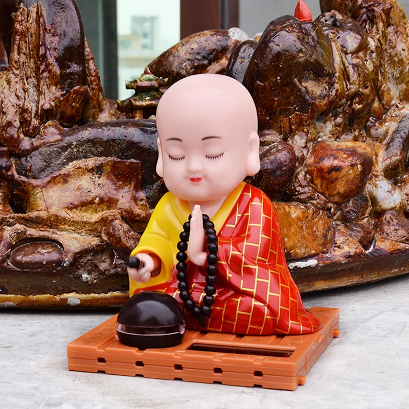 Solar Little Monk Statue Home Room Car Decorations, Lucky Mascot Buddha Figurine Ornaments Table Decor Office Accessories