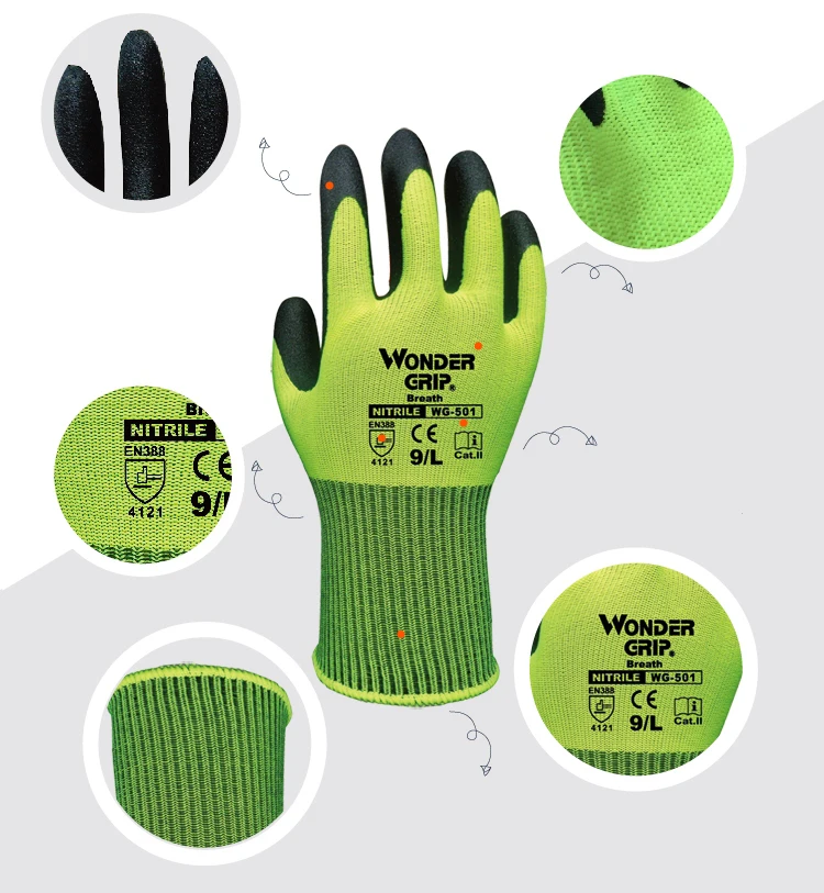 Gardening Work Gloves Nylon Spandex Fluorescent Green Nitrile Micro Foam Coated