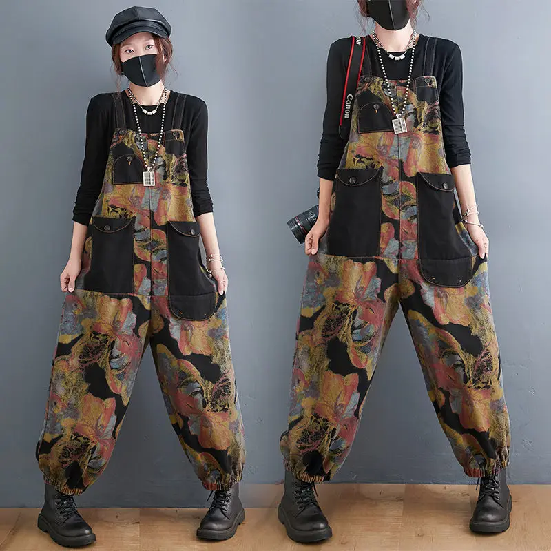 

Printed Denim Overalls Women's Autumn New Loose Wide Leg Pants Casual Trousers Suspender Jumpsuit Vintage Flower Jeans M982