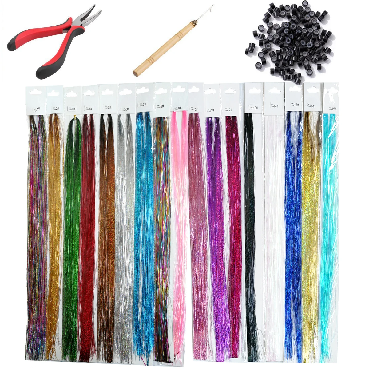 

17 PCS Sparkle Glitter Hair Tinsel Kit Hair Extensions Shiny Dazzles Women Hippie For Headdress Braiding Tools