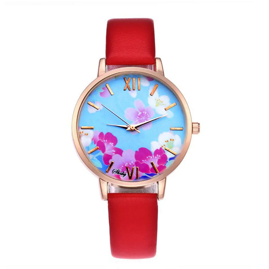 Shsby Brand Flowers Cowhide Leather Strap WristWatches Fashion Ladies Quartz Watch Women Dress Watches Femme Gold Casual Watch