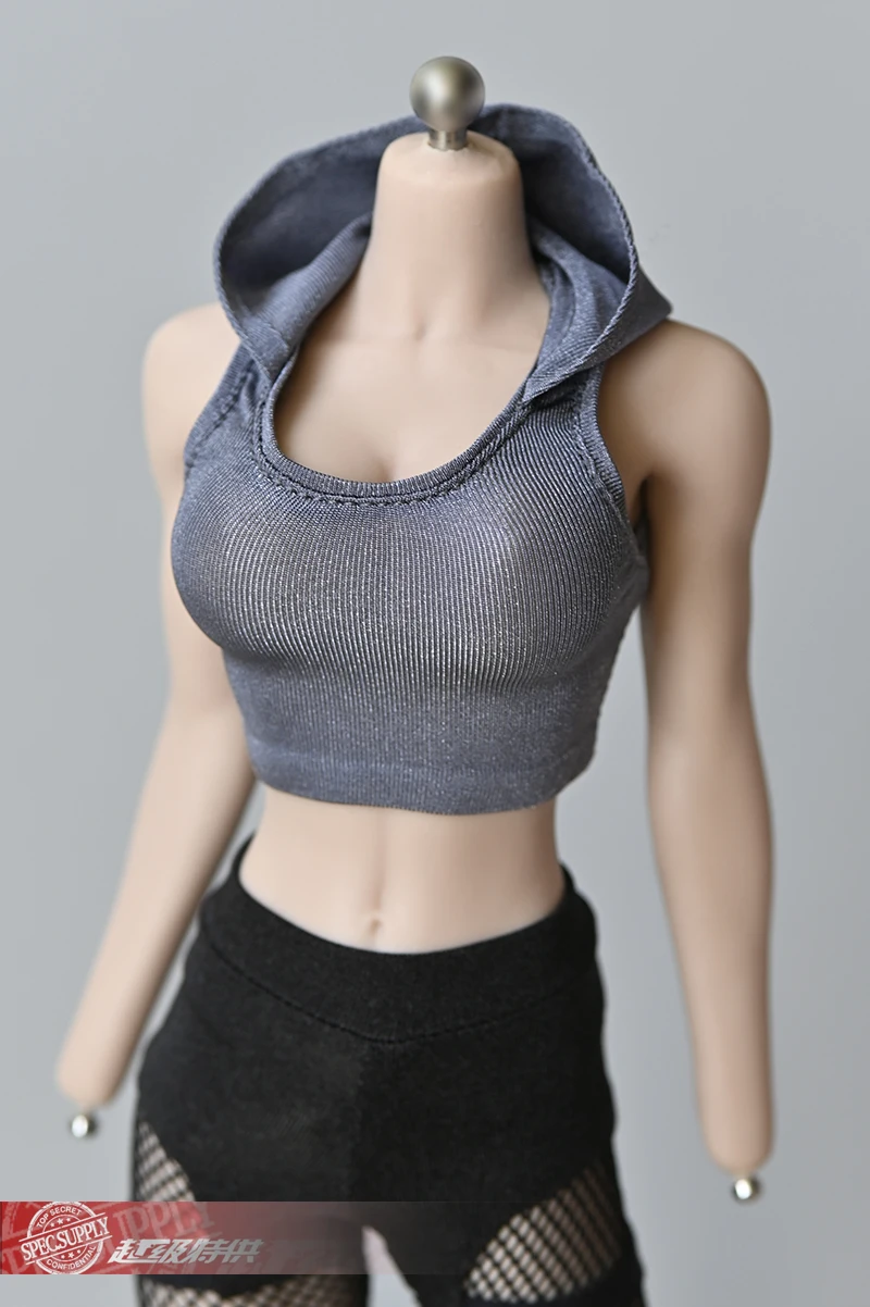 Chaleco sin mangas con capucha a escala 1/6, ropa de Midriff baring, modelo compatible con muñeca PH TBL JIAOU de 12 pulgadas, cuerpo de figura de Acción Femenina