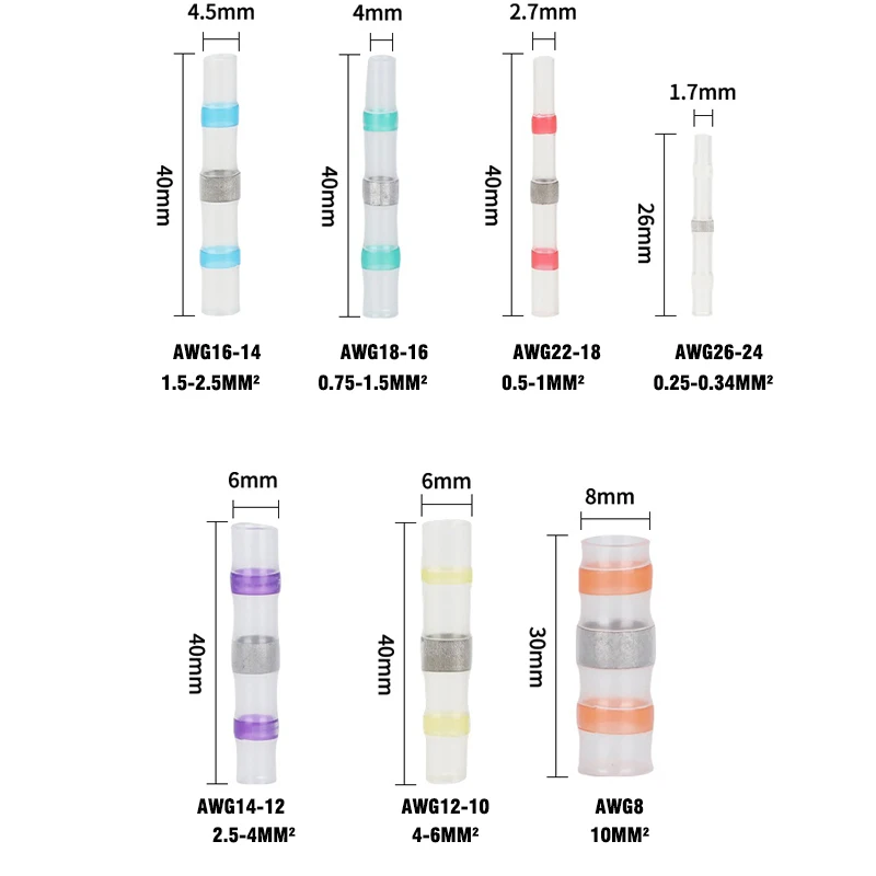 Waterproof Heat Shrink Tubing Butt Crimp Terminals Solder Seal Electrical Connectors Wire Cable Splice Kit Automotive Marine