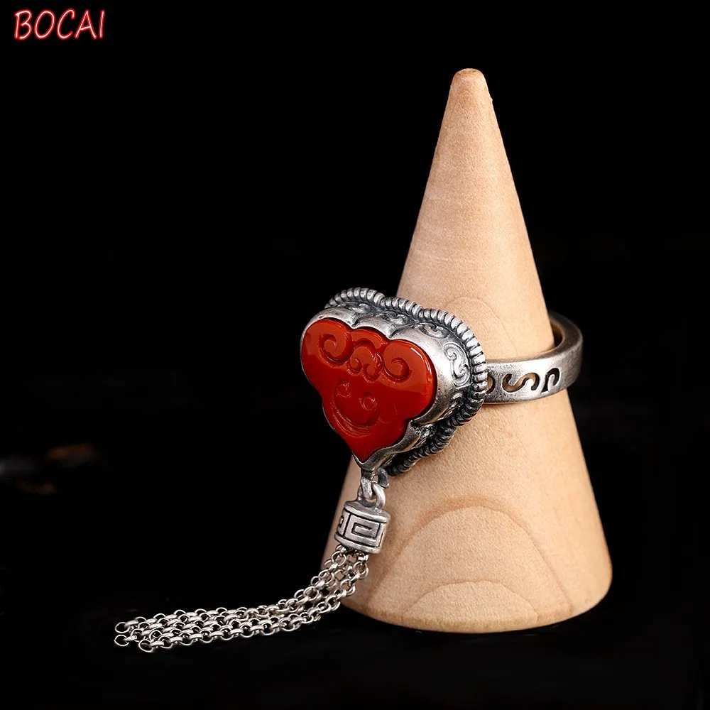 

s925 silver distressed south red agate wishful tassel ring fashion retro women's jewelry