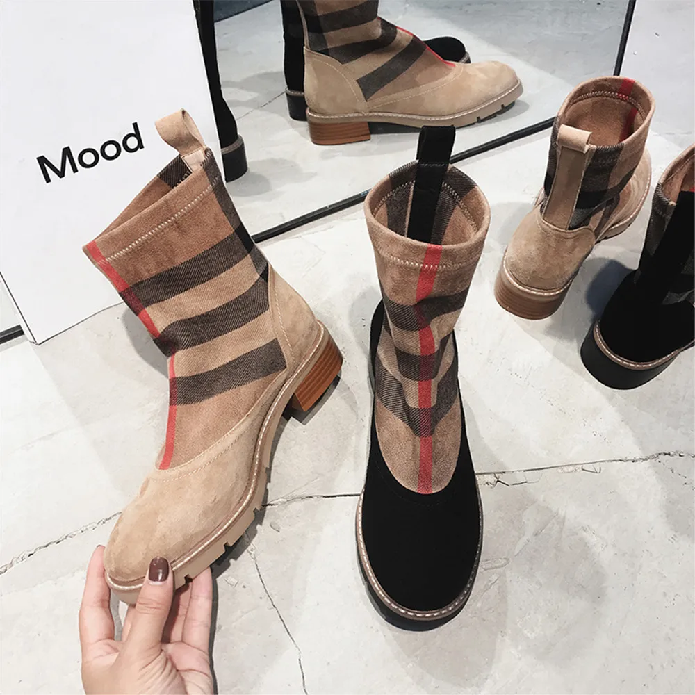 Insicre Top Quality 2022 Spring Luxury Women Ankle Boots Kid Suede Low Heels Large Size Elasticity Shoes Patchwork Brand