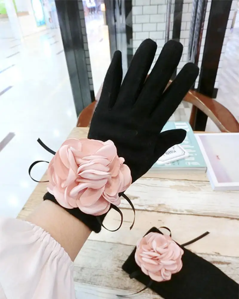 Cashmere Gloves Burned Edge Big Flower Big Bow Korean Style Ladies Winter Fashion Thick Warmth Five-Finger Touch Screen Gloves