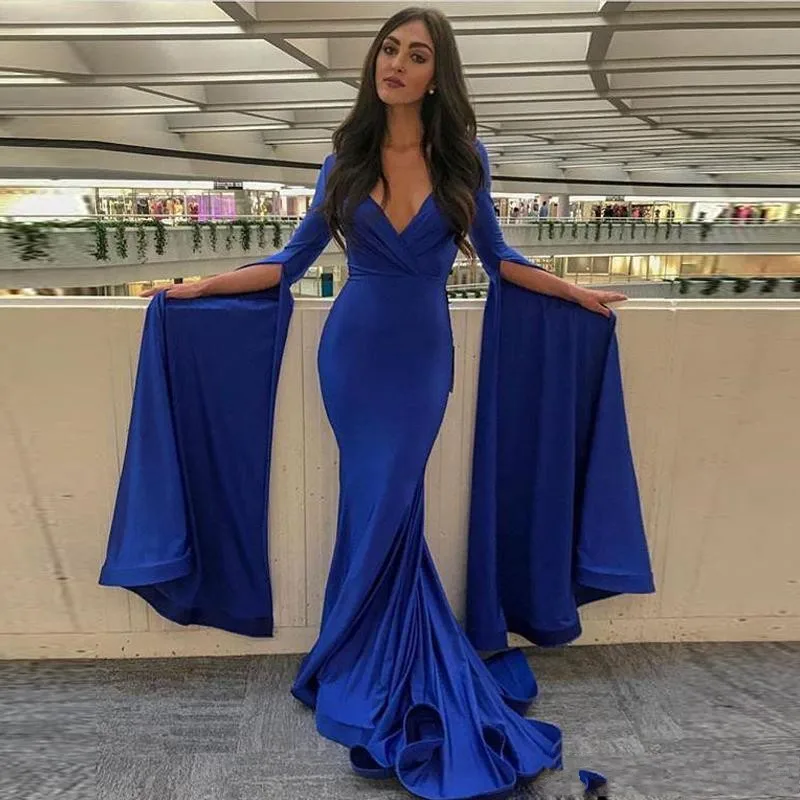 Royal Blue Volledige Mouw Arabisch Kaftan Avondjurk V-hals Satin Mermaid Prom Party Gown Abaya Marokkaanse Vestidos De Noiva