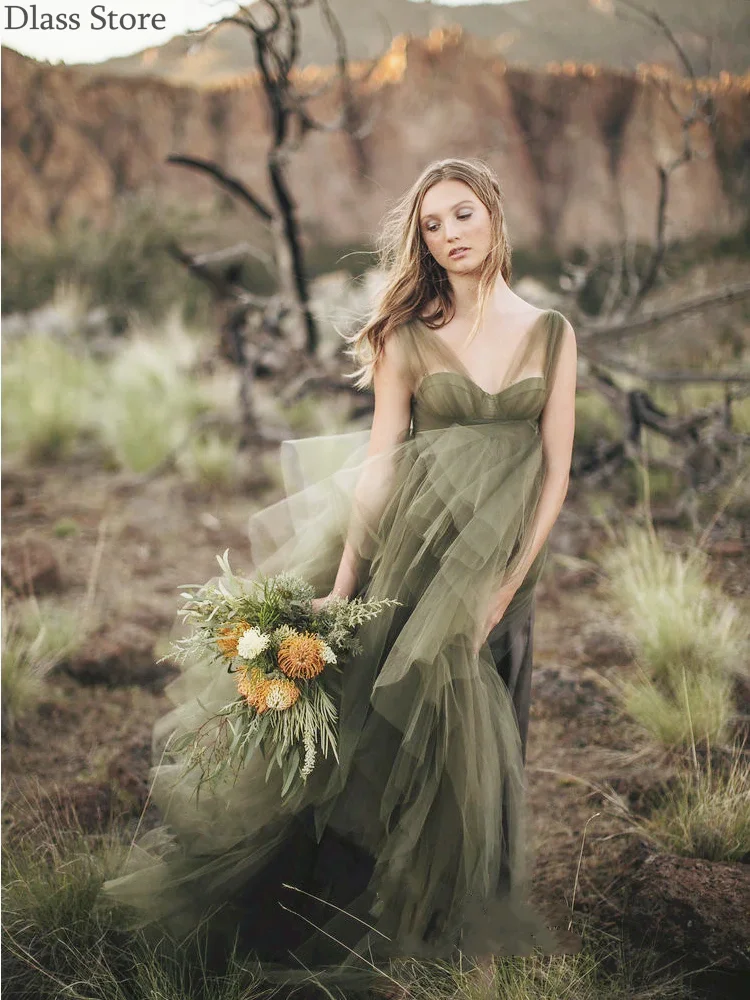 Abito da ballo verde scuro per servizio fotografico A-line semplice Tulle scollo a v abito da sera alto basso a strati robe de soirée de mariage