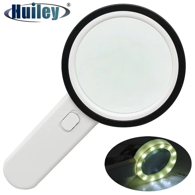 10X LED Magnifying Glass Hand Held Illuminated Magnifier Lighting Large Lens Double Optical Glass Reading Collection Studying