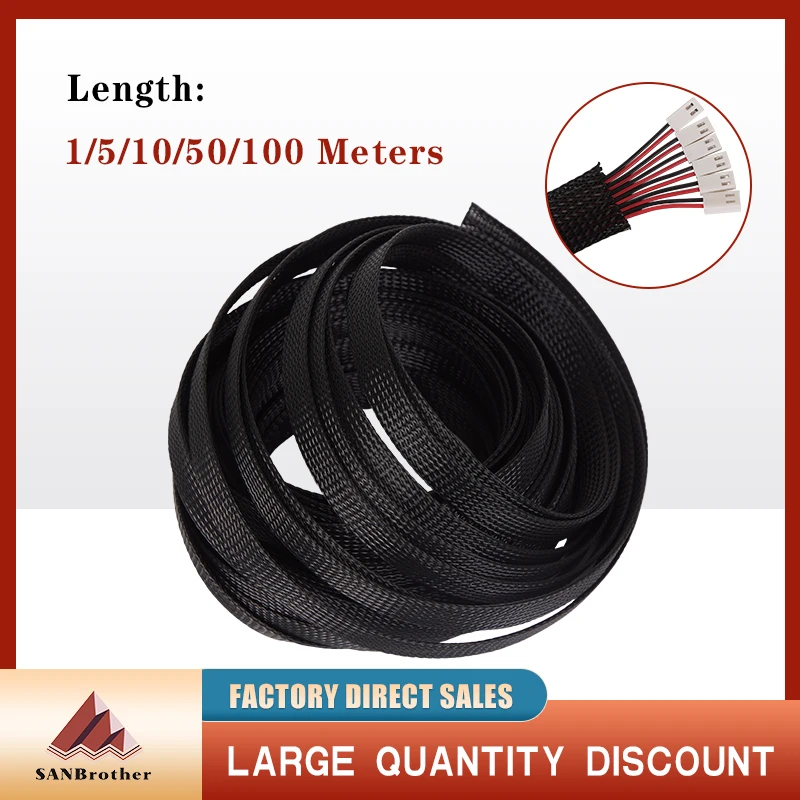 PET Black Cable Sleeve Length1/3/5/50/100M Insulated Braided Sleeving Data Line Protection Wire Cable Flame-Retardant Nylon Tube