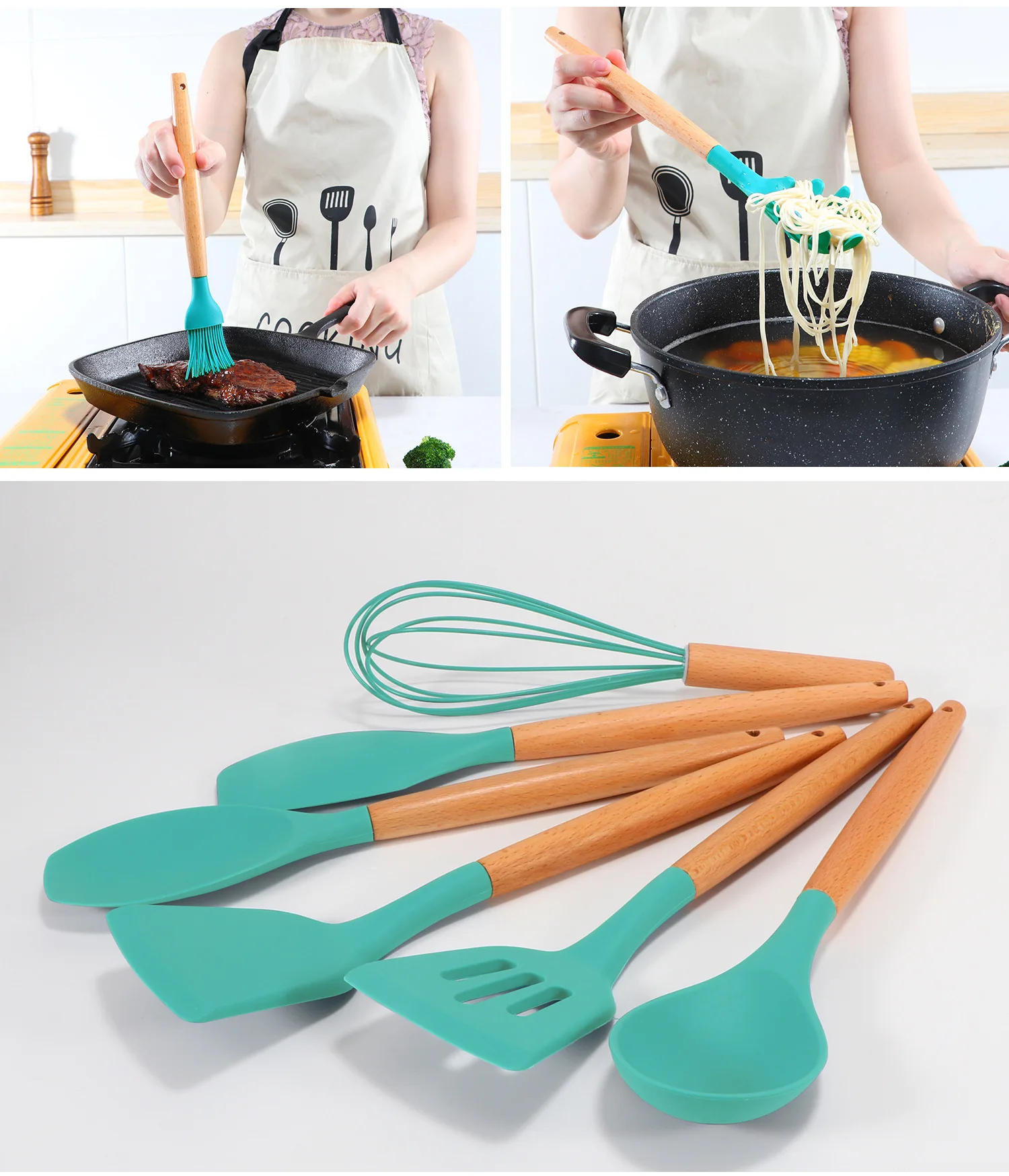 12pcs Silicone Non-stick Cooking Utensils Set Tool Kitchenware Spatula Ladle Shovel egg greak Spoon Soup Heat-Resistant holder
