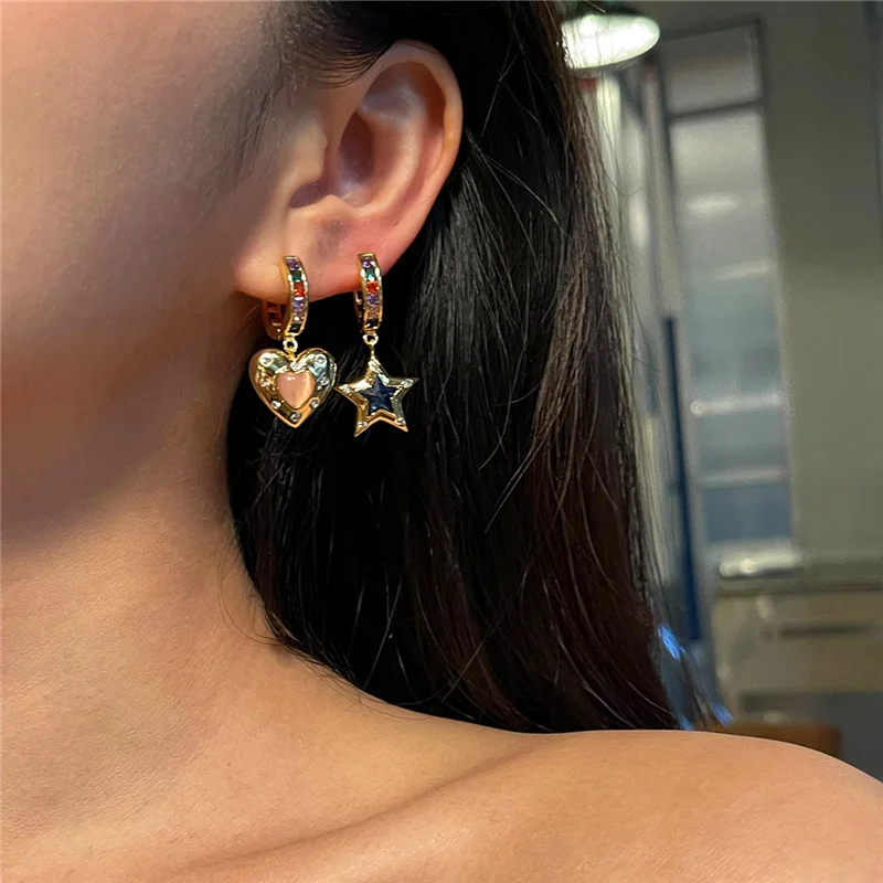 HangZhi 2021 Vintage Colorful Zircon Heart Star Asymmetry Drop Earrings Geometric for Women Girls Party Jewelry Gifts