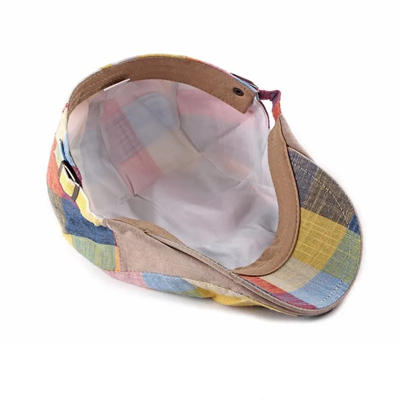 Spring Summer Color Plaid Newsboy Caps Men Cotton Flat Peaked Cap Women Painter Beret Hats 05