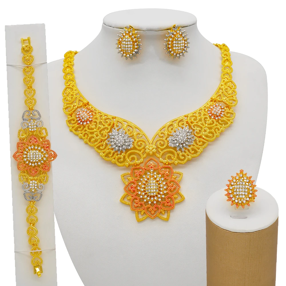 

Dubai Fashion gold color jewelry sets African bridal wedding gifts party for women Necklace Bracelet earrings ring set jewellery