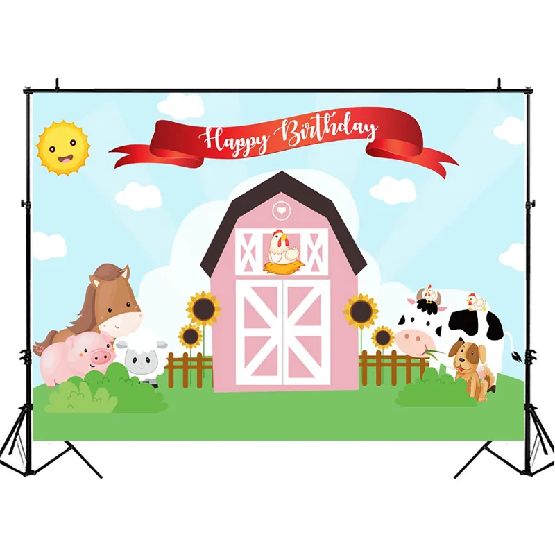 Toile de fond de fête d'animaux de la ferme rose, fond d'anniversaire pour enfants, photographie, gâteau de ferme mignon, fournitures de décorations de table
