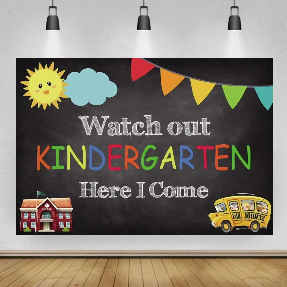 

Back To Kindergarten School Bus Smile Sun Kids Birthday Photography Backdrops Red Brick House Blackboard Class Backgrounds