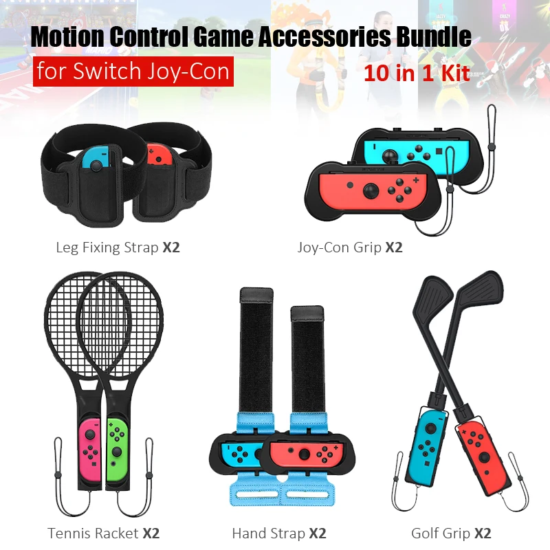 10 in 1 SWITCH Sports Game Accessories for Nintendo Switch Golf Club/Dancing Wristband /Tennis Racket/Leg Strap for NS SWITCH