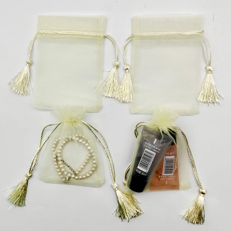 50pcs beige Organza Bags with tassel 6x12 10x15 15x28cm display Jewelry Gift Drawstrings Package Bag storage Yarn gauze Pouch