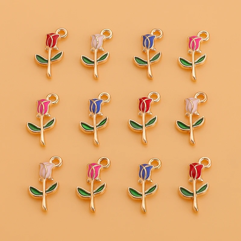 

10Pcs Dripping oil Romantic Enamel Rose Flower Charms For Necklaces Pendant Earrings DIY Colorful Mini Jewelry Finding Making