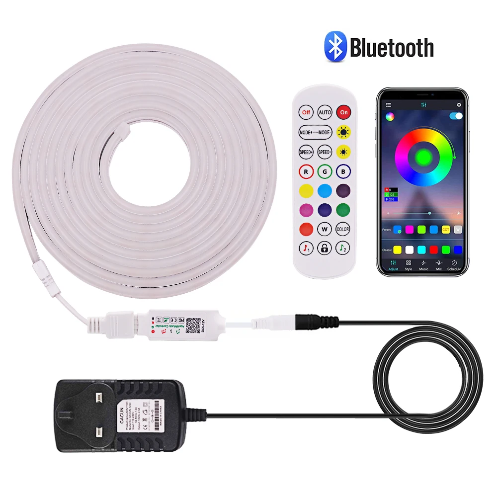 Mini Remote Bluetooth Music Neon LED Strip Light 5M 10M 12V 96Leds/m Waterproof RGB Flexible Tape Ribbon With Phone APP Control