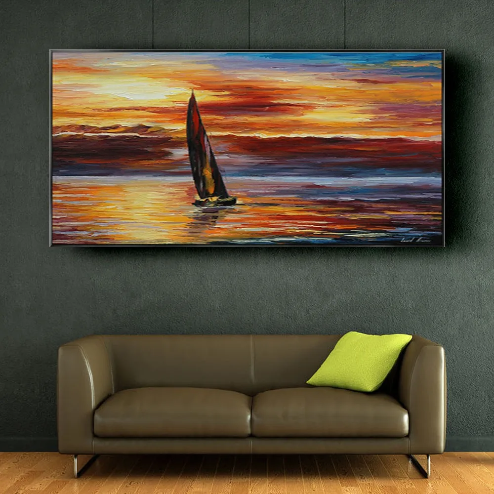 

Modern Home Pendant Wall Art Hand-Painted Abstract Oil Painting Dusk Seascape Sailing Dark Red Canvas Picture Decor Living Room