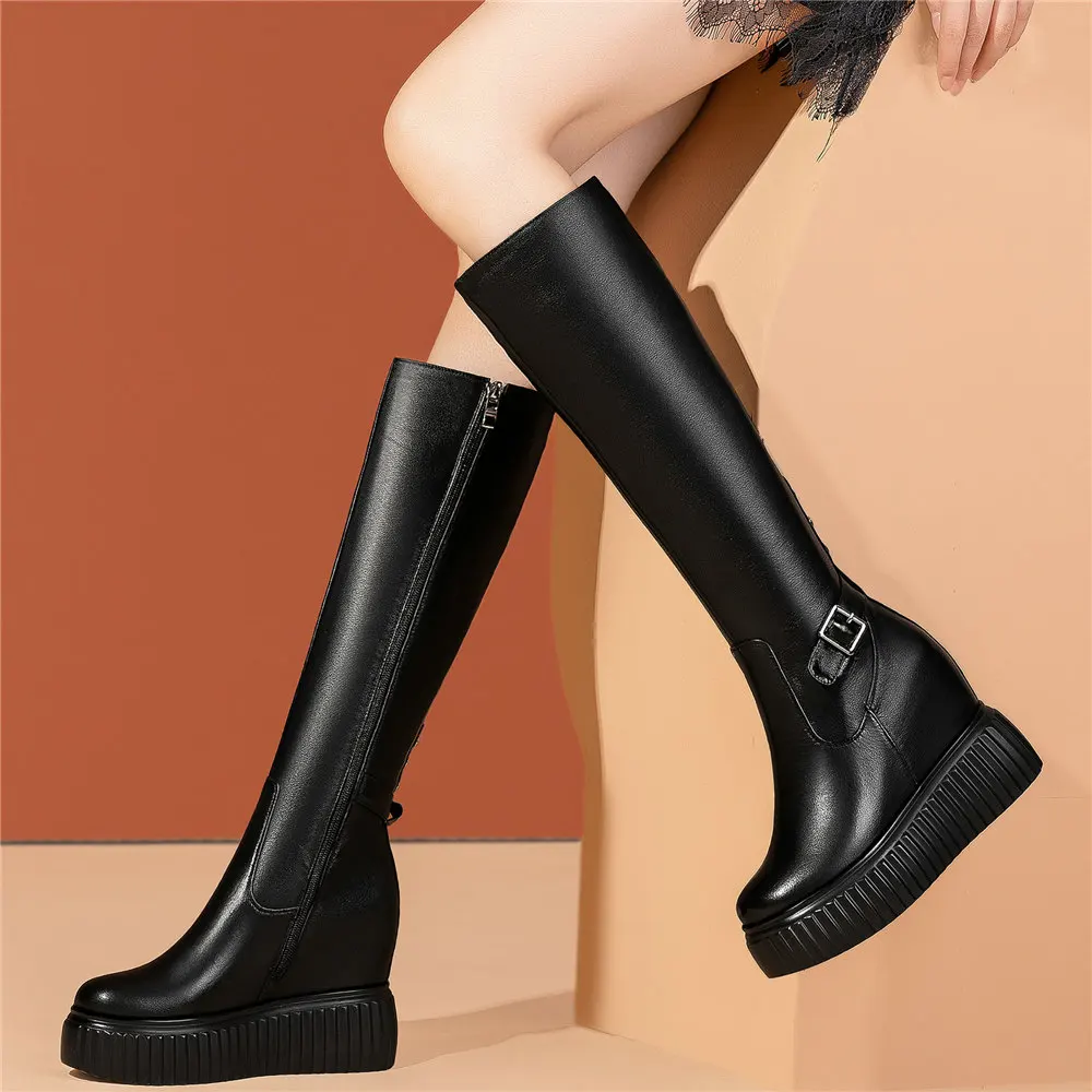 

Thigh High Platform Pumps Shoes Women Lace Up Genuine Leather Wedges High Heel Knee High Boots Female Winter Fashion Sneakers