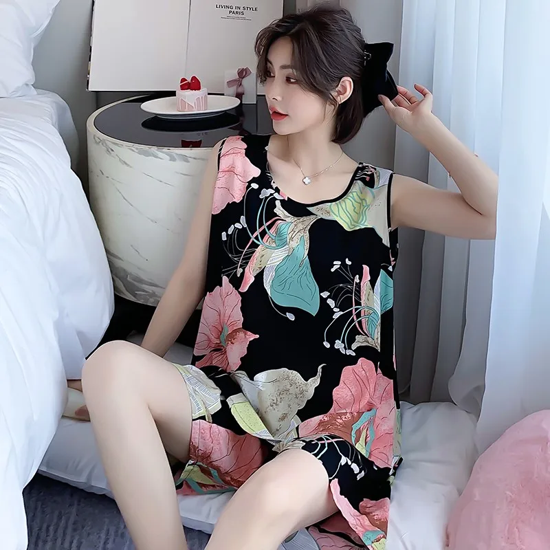 Novelty Cotton Pajamas Set Sexy Sleeveless Vest+shorts 2pcs Sleep Suit Women Artificial Cotton Soft Loose Summer Home Wear