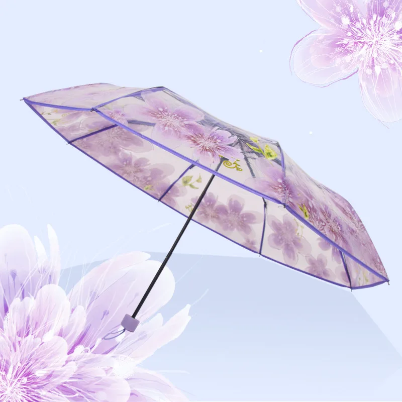 Thicken Transparent Three Fold Cherry Blossom Rain Umbrella Plastic PVC Clear Falbala Waterproof Umbrellas Women parapluie