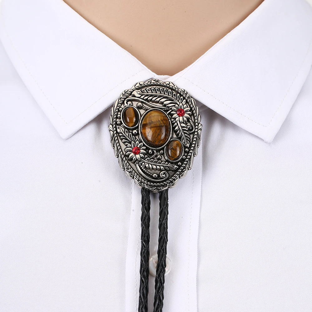 

Tiger eye stone leaf bolo tie for man Indian cowboy western cowgirl leather rope zinc alloy necktie