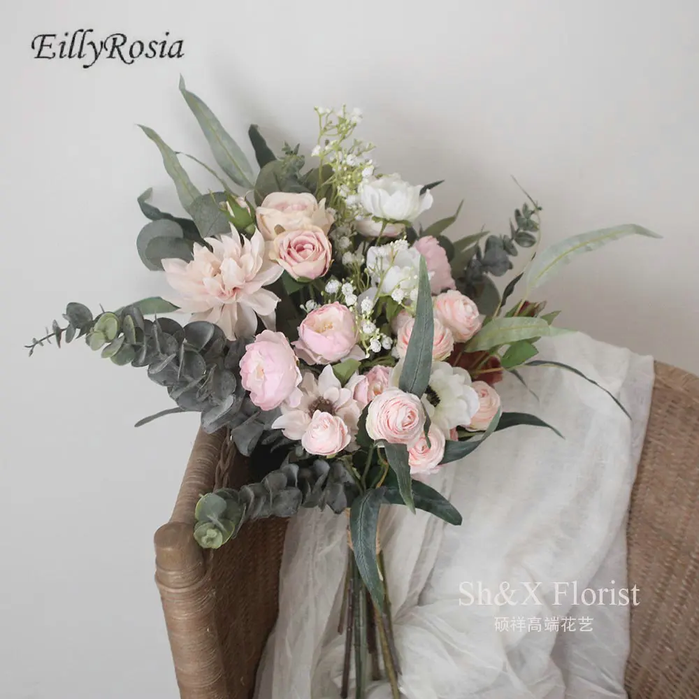 EillyRosia-ramo de novia rosa, flor artificial, eucalipto, peonía, flores de boda Para novia, Buque de novia Para casamiento