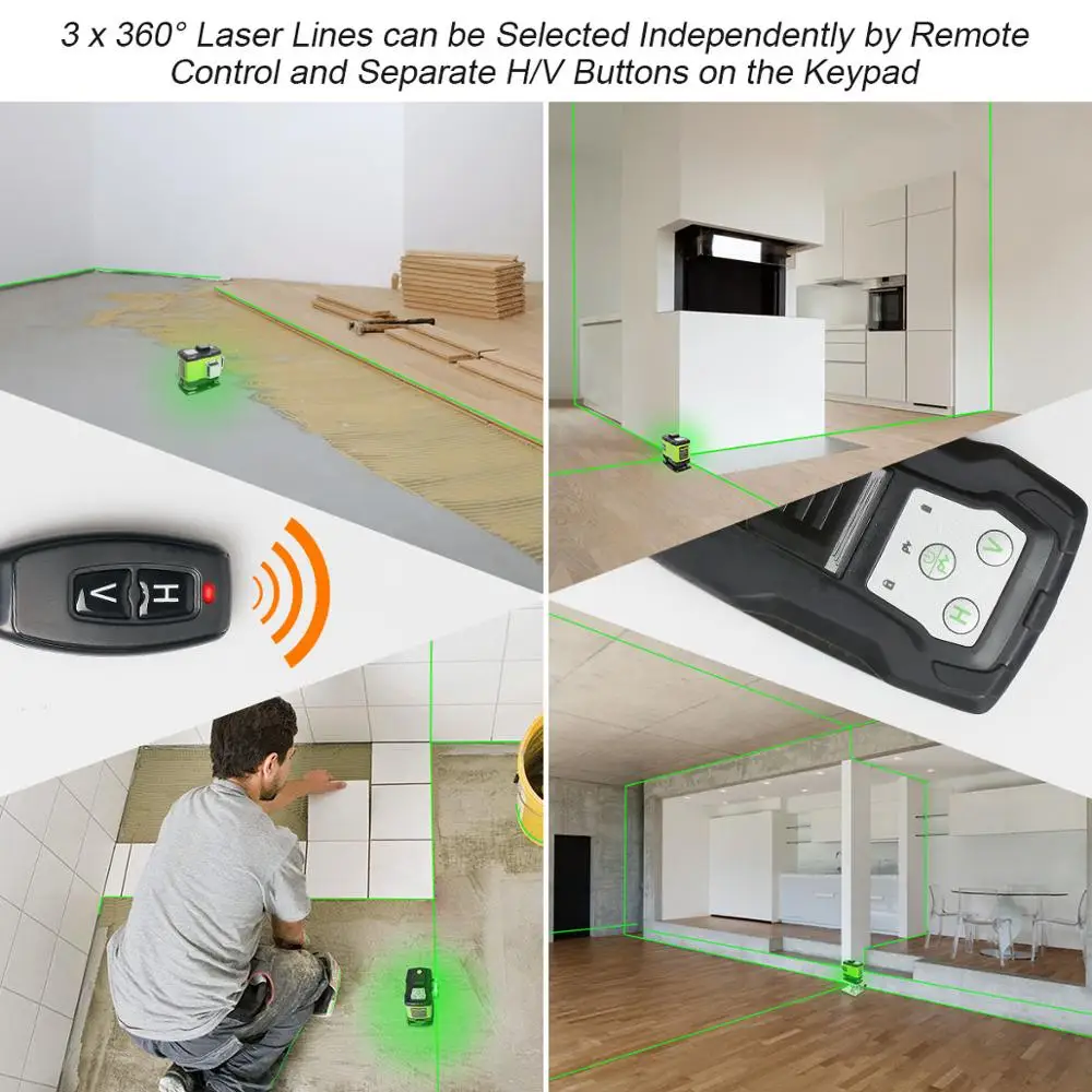 Huepar 3D Self-leveling Laser Level 3x360 Green Beam Cross Line 360° Vertical Horizontal Line Remote Control & Hard Carry Case