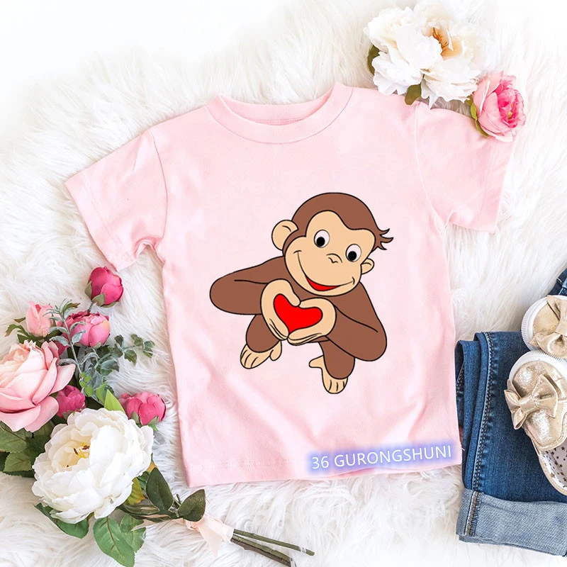 Kawaii girls t-shirts Curious George Cartoon monkey print children's clothing summer tees girls tshirts pink short-sleeved tops