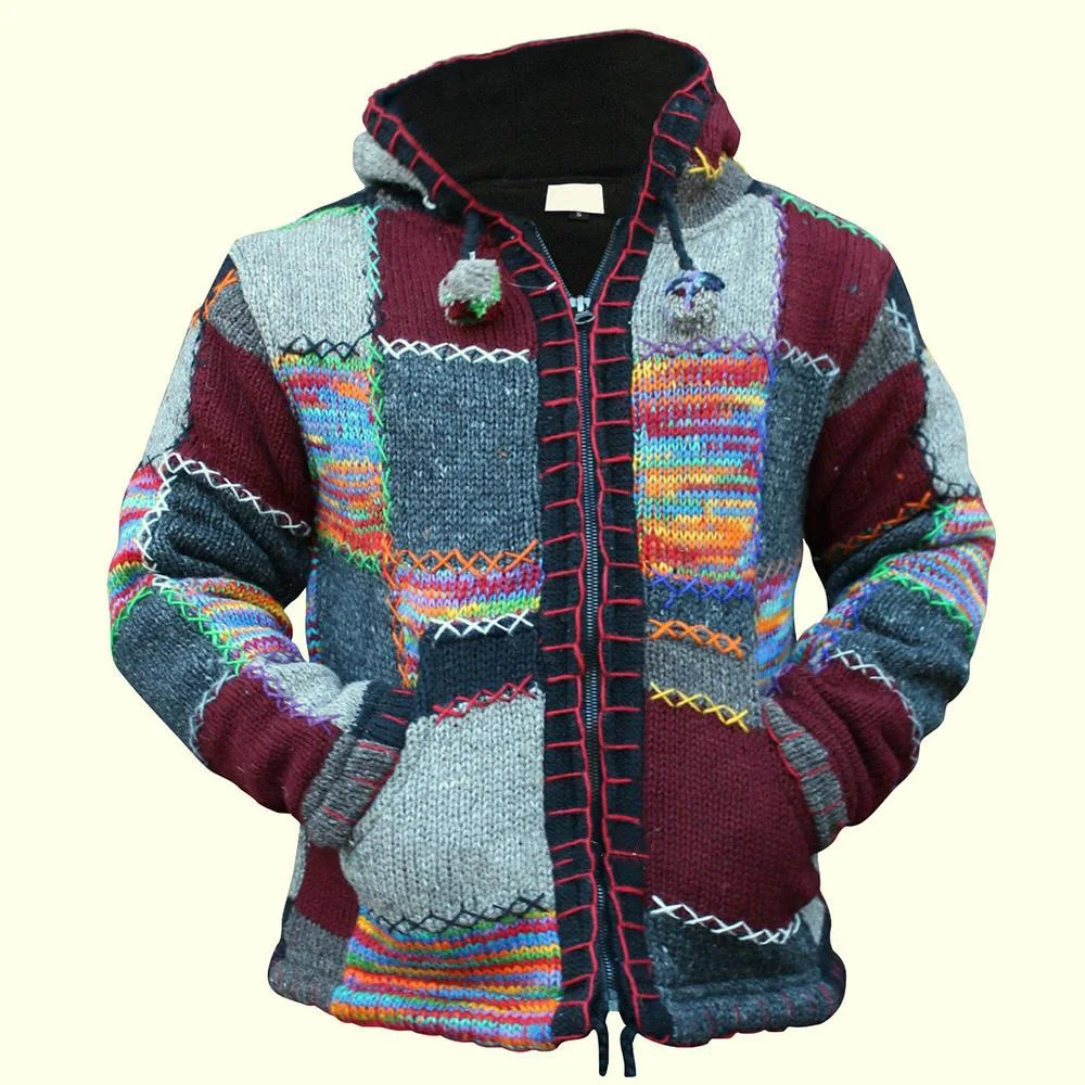 

Patchwork Grid Knitting Wool Men's Cardigan Hooded Stretchy Knitting Wool Zipper Hot Sale Male Spring Autumn Quality Coat