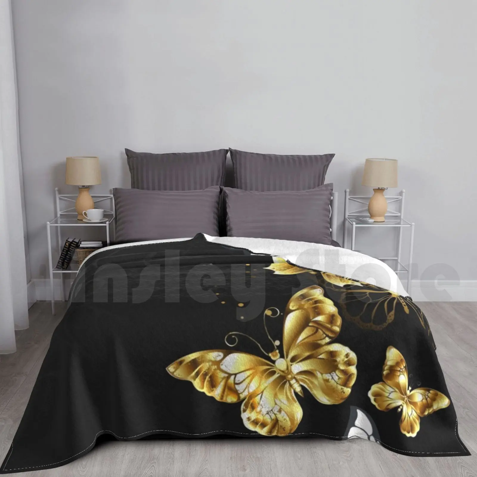 Gold And White Butterflies Blanket For Sofa Bed Travel Flock Gold Jewelry Jeweler Brooch Black Background