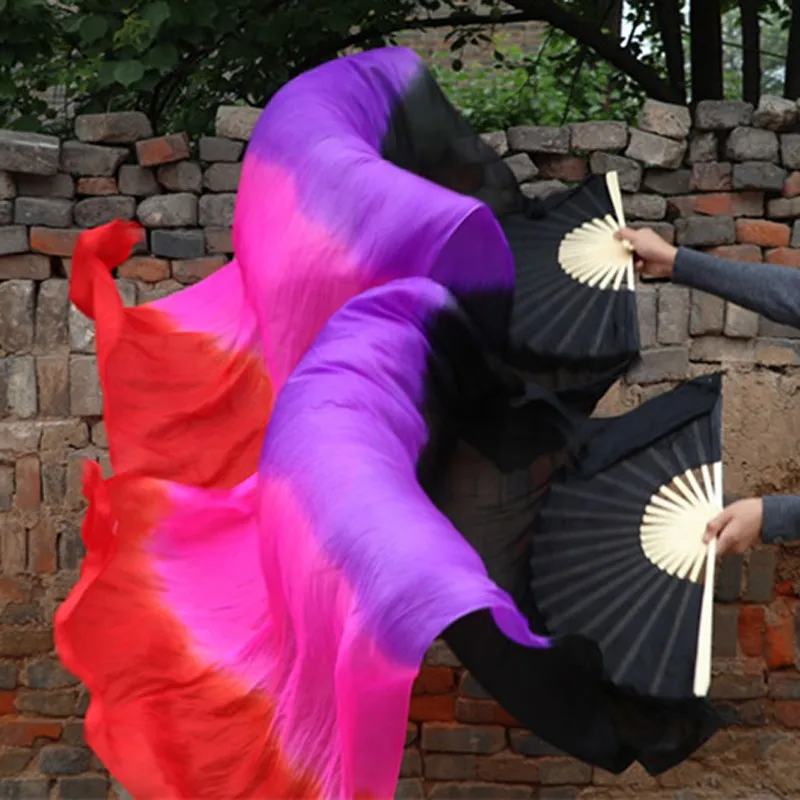 Véu de dança do ventre de seda pura, leque dobrável de bambu chinês, 1 par (1l + 1r), véu de cor degradê, tingido à mão, 120cm/150cm/180cm