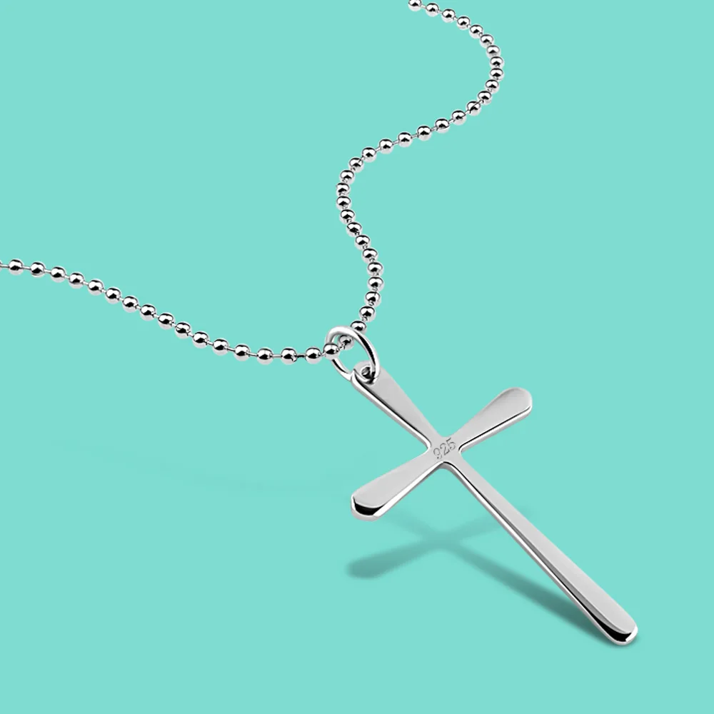 New 925 Sterling Silver Necklace Christian Jesus Cross Pendant Jewelry for Women Long Exquisite Bead Chain Necklaces