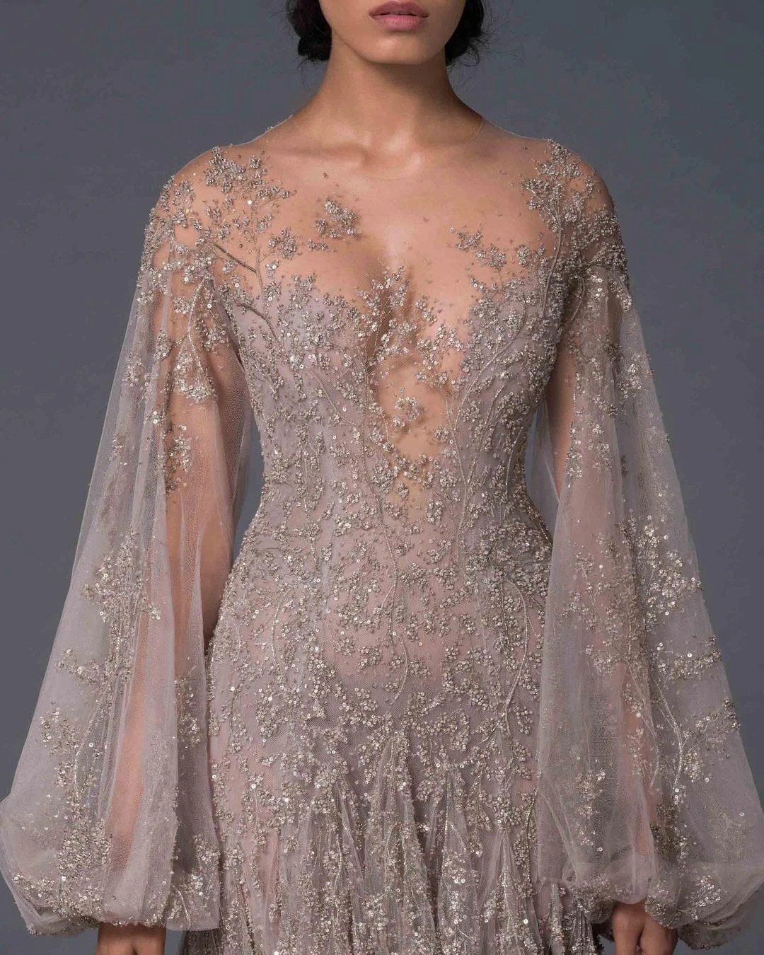 Vestido de casamento elegante o pescoço ver-através de apliques até o chão lanterna manga longa sexy lantejoulas vestidos de baile feito sob encomenda