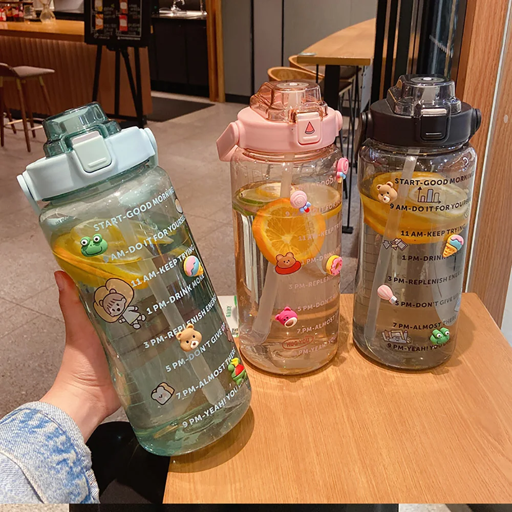 2000ml Sports Straw Plastic Water Bottle Cup Female Summer Fitness Big Portable Large Capacity Cute My Water Bottles With Straw