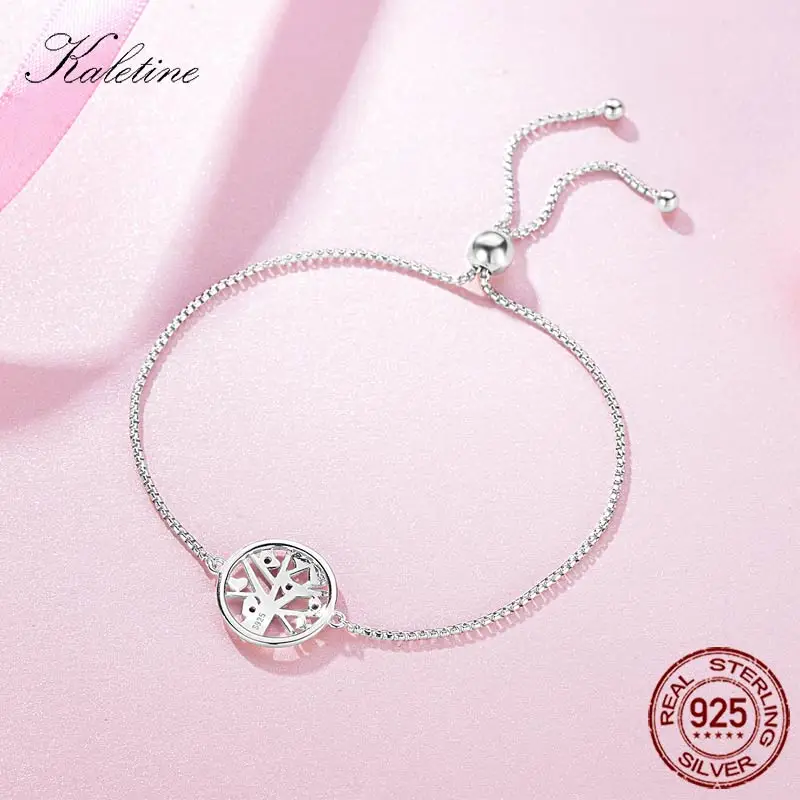 KALETINE-pulsera de plata de ley 925 para mujer, brazalete con colgante de corazón, árbol de la vida, cristal verde, joyería de plata ajustable, KLTB067