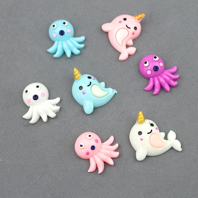 10Pcs Ocean Series Cartoon Resin Octopus Dolphin Figurines DIY Crafts Supplies Kids Hair Accessories Phone Shell Decor Materials